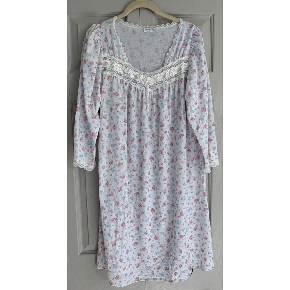 Vintage Miss‎ Elaine Nightgown Floral Lace Cotton Balloon Sleeve Large Flawed